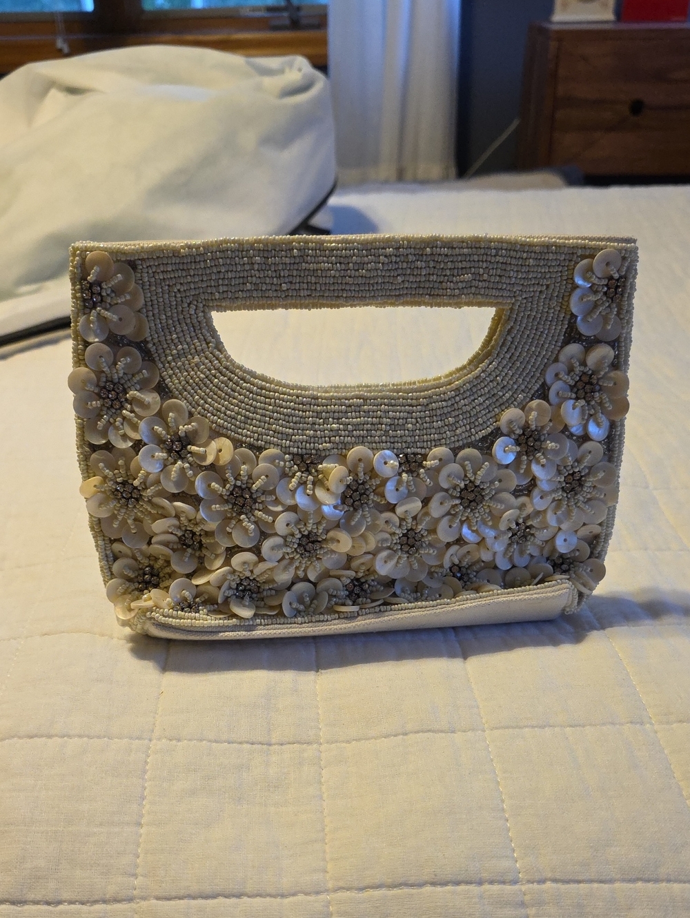 Lulu's Cream Beaded Floral Cutout Handle Clutch